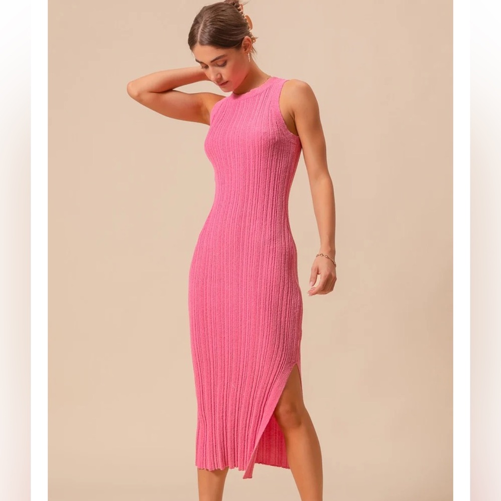 SO ME SLEEVELESS ROUND STRETCHY NECK RIBBED BODYCON MIDI DRESS HOT PINK SIZE XL